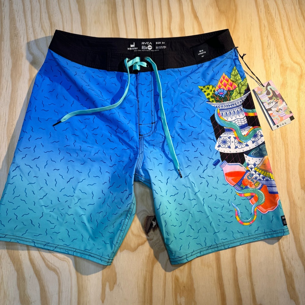 RVCA Men's Kristen Snake Trunk Blue Artist Network Program Board Shorts Size 34